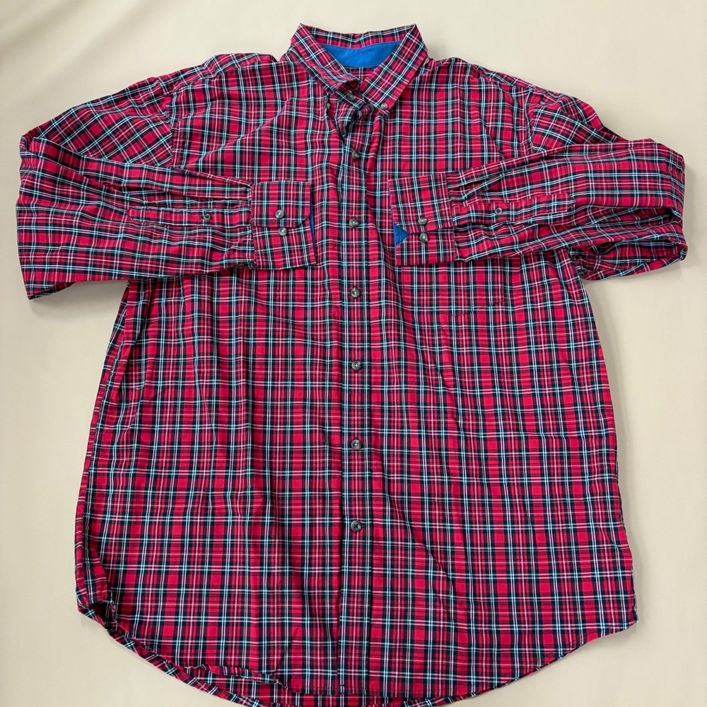 IZOD Mens Red Tartan Plaid Long Sleeve Button Down Shirt Large Holiday Christmas